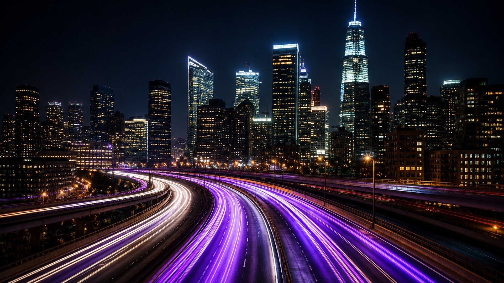 Night city skyline with purple highway light trails