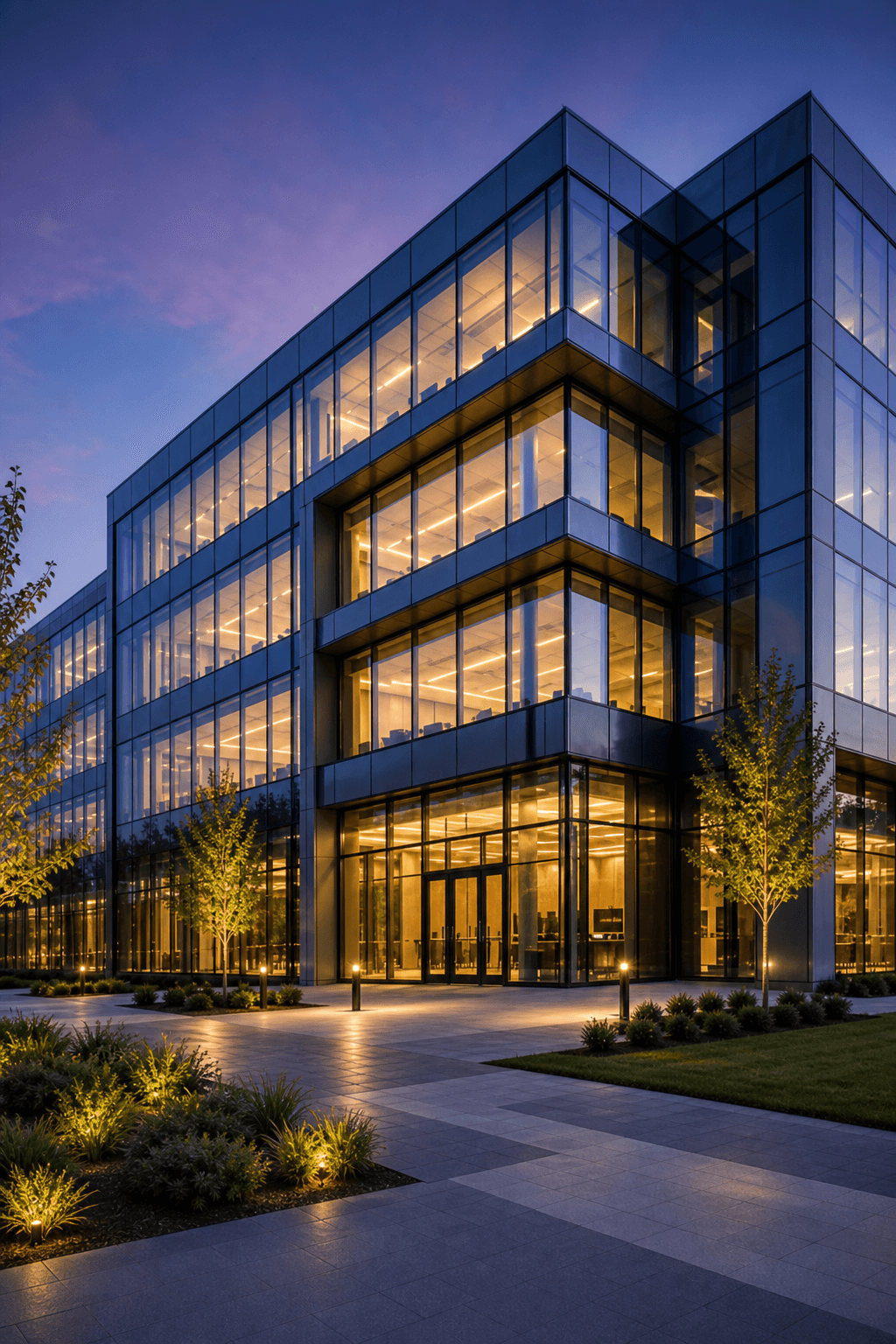 Modern multi-story glass office building at dusk