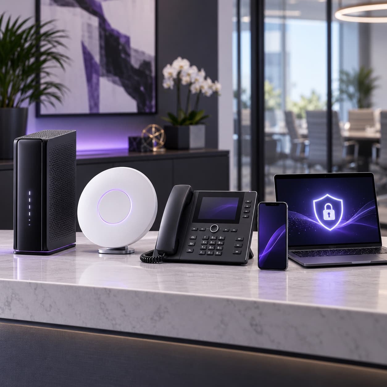 Comcast Business: modem, Wi-Fi device, desk phone, mobile phone, and laptop with cybersecurity shield