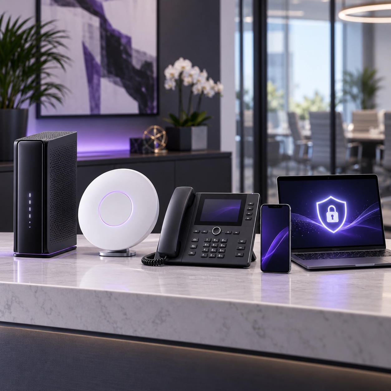 Comcast Business: modem, Wi-Fi device, desk phone, mobile phone, and laptop with cybersecurity shield