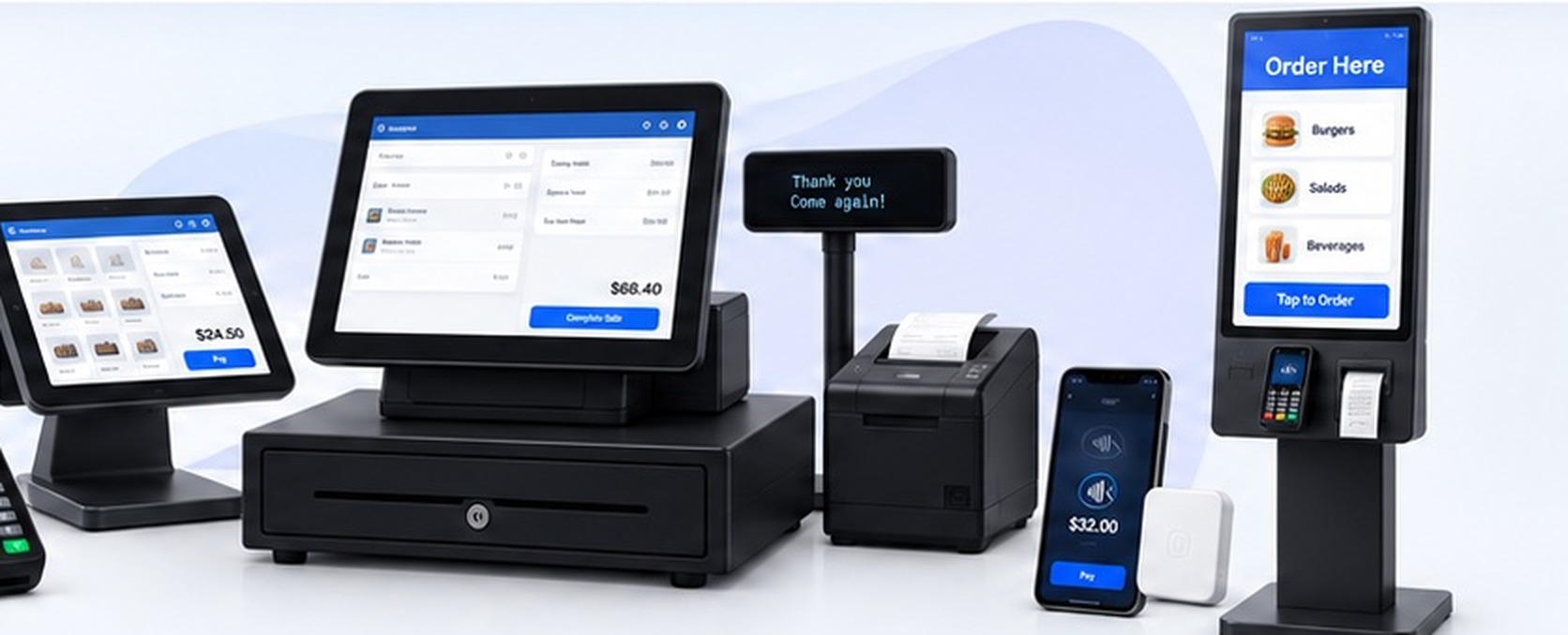 Full Merchant Services POS hardware group including register, tablet POS, terminals, mobile payments, and self-service kiosk