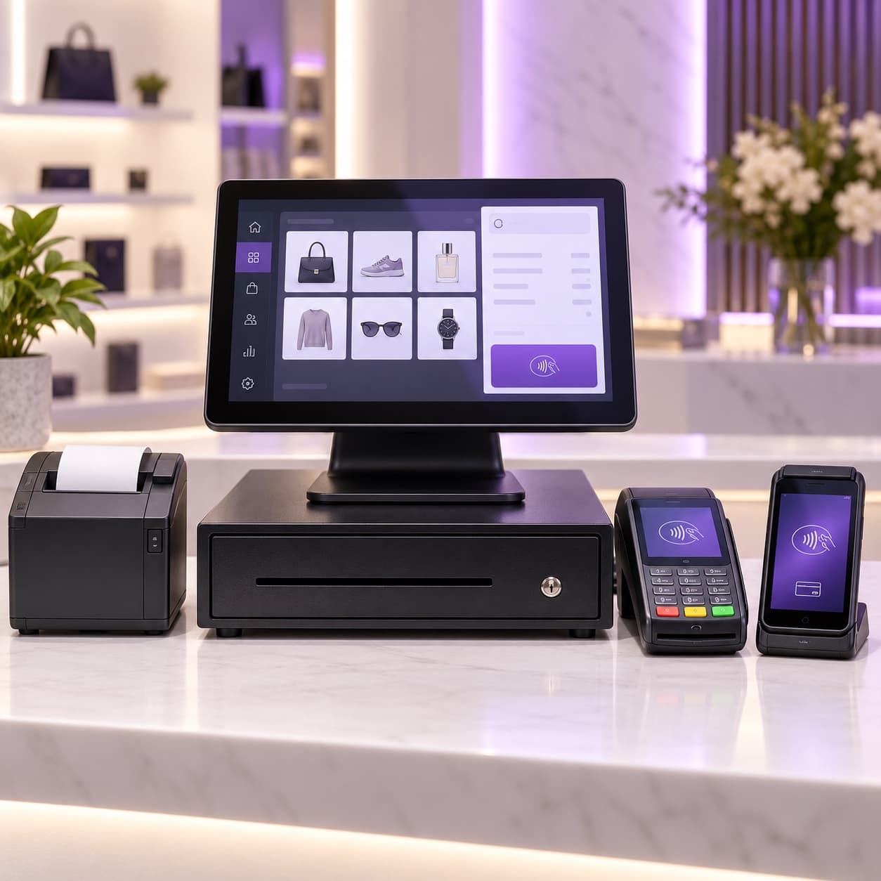 Merchant Services: touchscreen POS, cash drawer, receipt printer, countertop terminal, and mobile terminal